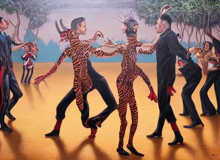 Image similar to a ballroom dance with 🦓🦒, 8 k lowbrow oil on canvas, in the style of greg simkins!