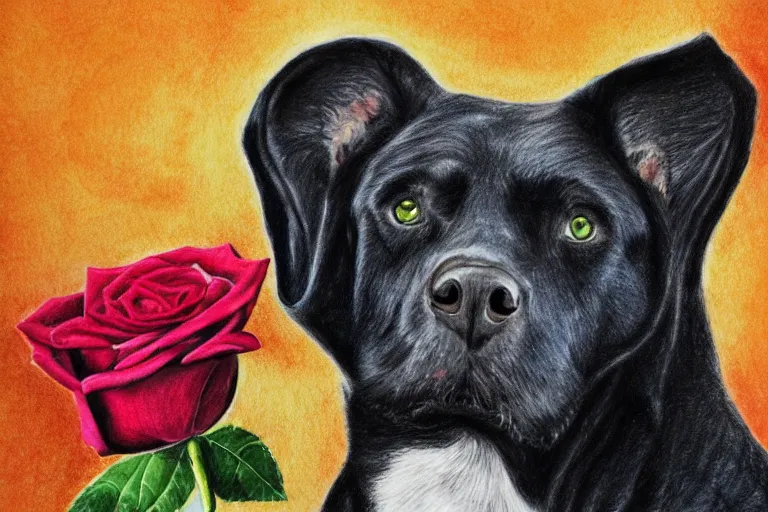 Image similar to anthro drawing of black dog with green eyes holding a rose, golden earring, watercolor, vivid colors, ocean background, sunny day, 4 k, puffy clouds, front page of art station, global illumination, chromatic abberation, very detailed