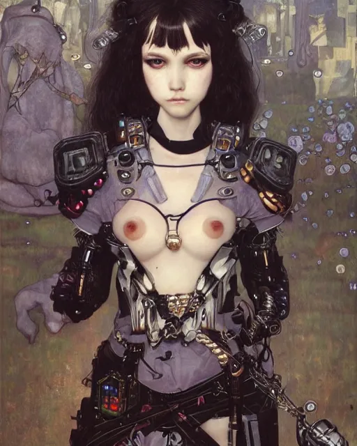 Image similar to portrait of cute beautiful young gothic maiden, cyberpunk, Warhammer, highly detailed, artstation, illustration, art by Gustav Klimt and Range Murata