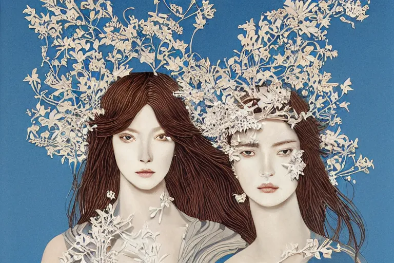 Image similar to woman portrait, phoenix in fire, goddess of greek mythology, orthodox saint, amalgamation of leaves and flowers. balenciaga, intricate complexity. matte paper, cut paper texture. by Jeffrey Catherine Jones, James jean, Miho Hirano, Hayao Miyazaki, coarse gritby. Full of light-blue and silver and white layers. Exquisite detail 8K