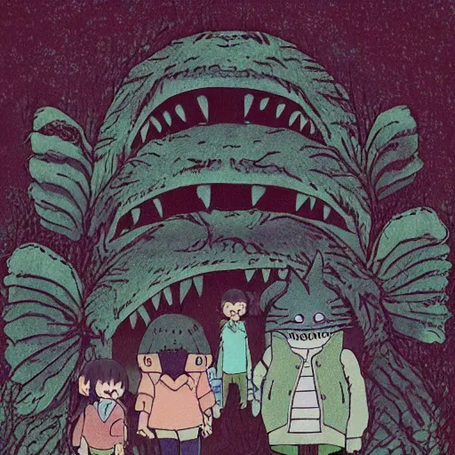 Prompt: cute monster lurking behind a happy family by studio ghibli, color, highly detailed, detailed, intricate, scary, horror, eerie, nightmares, dark, dramatic, 8 k