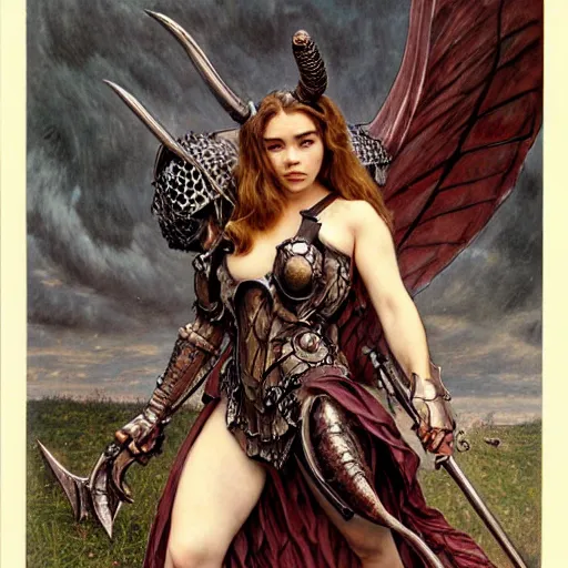 Image similar to head and shoulders portrait of an armored erinyes devil with huge bat wings, portrayed by florence pugh, d & d, fantasy, luis royo, magali villeneuve, donato giancola, wlop, krenz cushart, hans zatka, klimt, alphonse mucha