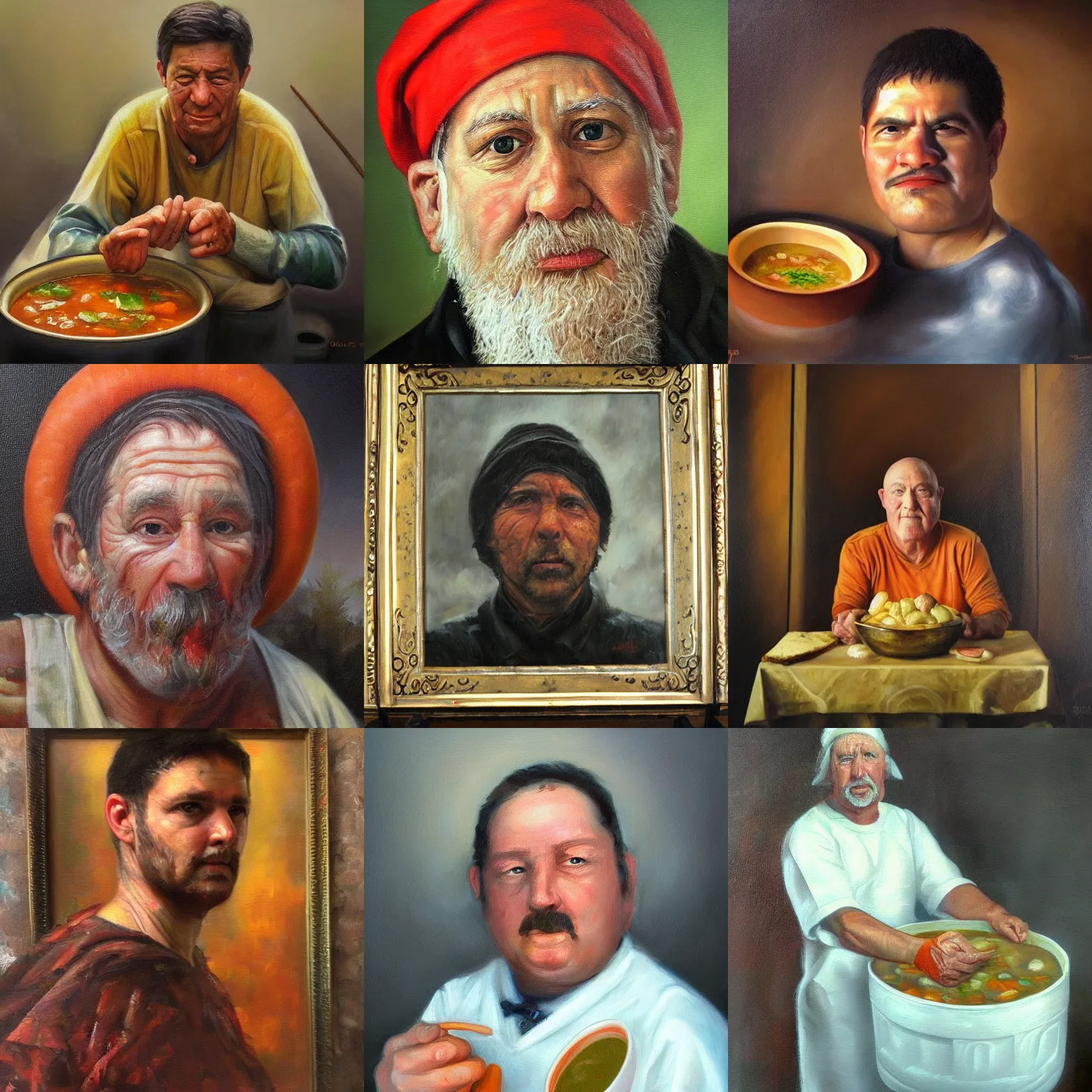 Prompt: the man known as the god of soup, realistic oil painting, epic