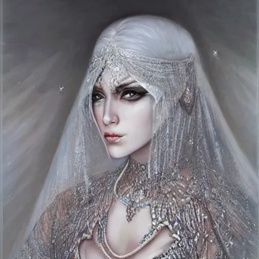 Image similar to a beautiful woman wearing a white niqab made of silver with jewelry and diamonds by karol bak, ayami kojima, arabian eyes, concept art, fantasy