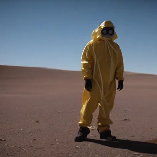 Image similar to a man wearing a hazmat suit and gasmask, in the desert, film still, directed by vince gilligan