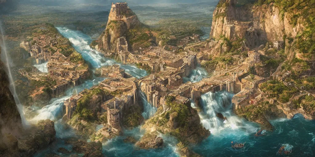 Image similar to Aerial map of a medieval city on top of a giant waterfall, D&D, fantasy, highly detailed, digital painting, artstation, smooth, sharp focus, illustration, art by artgerm and greg rutkowski and james gurney, cinematic, golden hour