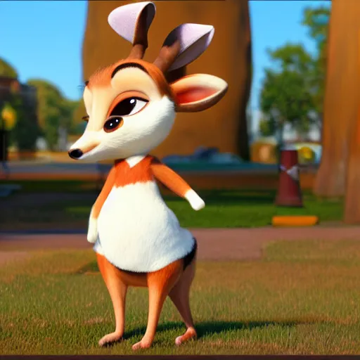 Prompt: portrait, 3 d render, tall, little fat, anthropomorphic female deer, wearing along white dress, in the style of zootopia,