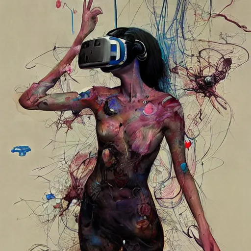 Prompt: woman in a vr headset, cyberpunk in the style of adrian ghenie, esao andrews, jenny saville,, surrealism, dark art by james jean, takato yamamoto