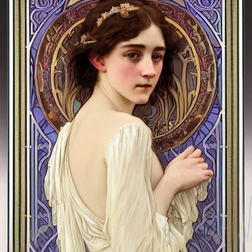 Prompt: a detailed, intricate art nouveau portrait painting of a girl who resembles 1 8 - year - old saoirse ronan and emma watson in a white satin gown, by alphonse mucha, donato giancola, and john william waterhouse