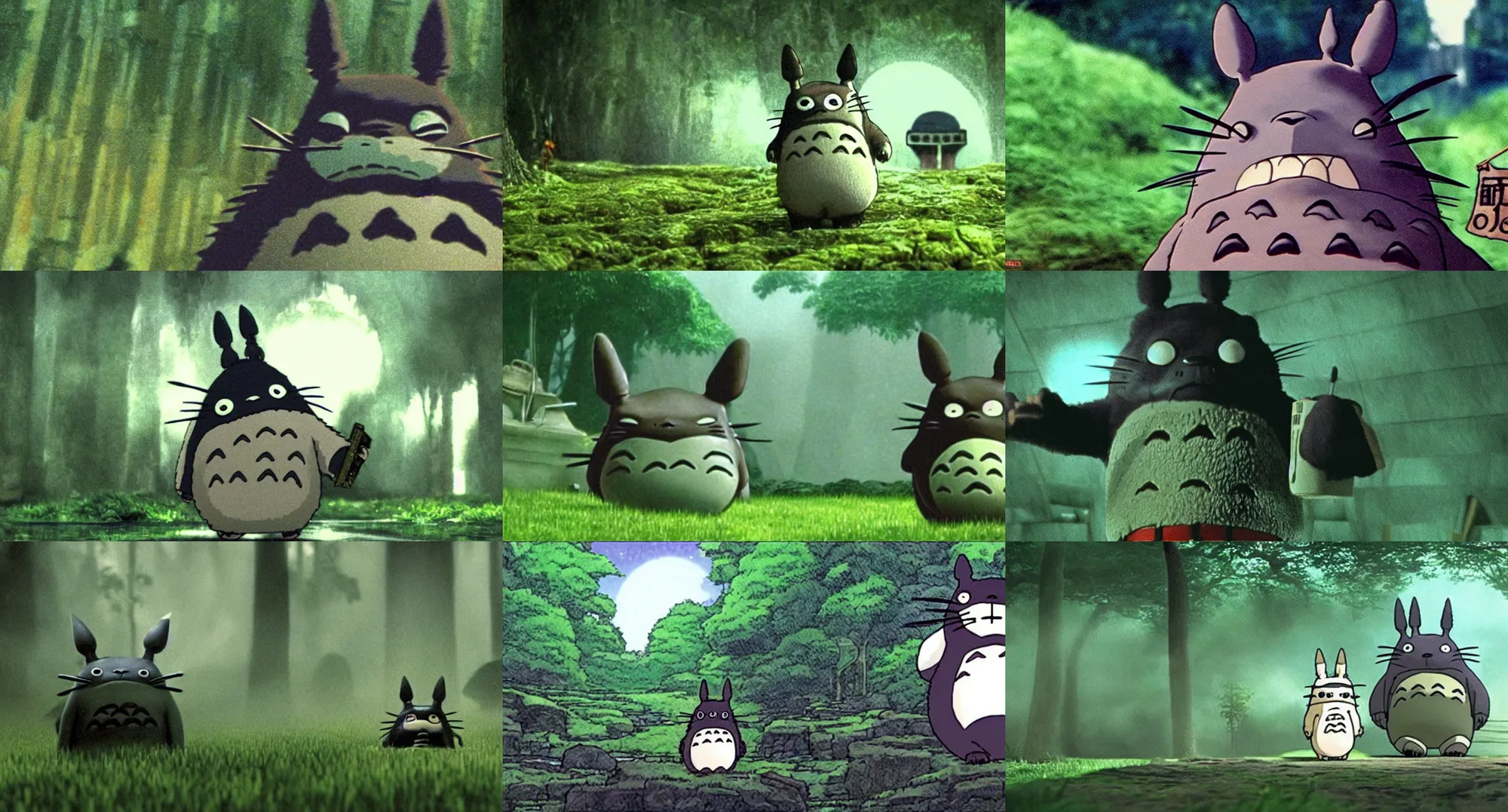 Prompt: award - wining extreme wide shot movie still of totoro as neo in the matrix, inspired by my neighbor totoro by studio ghibli, high detail