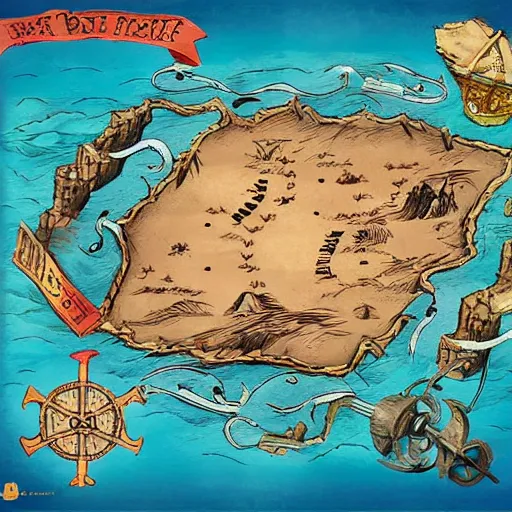 Prompt: pirate treasure map with an x marking the spot, concept art, illustrated, highly detailed, high quality, bright colors, optimistic,