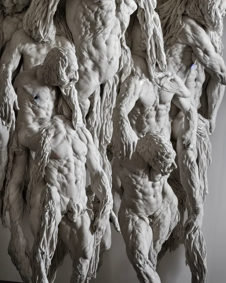 Image similar to Epic view of intricate stained bear-man multiple faces looking backwards using a silver veil statue sculpted on white marble by Antonio Corradini, Bernini and Nicola Samori