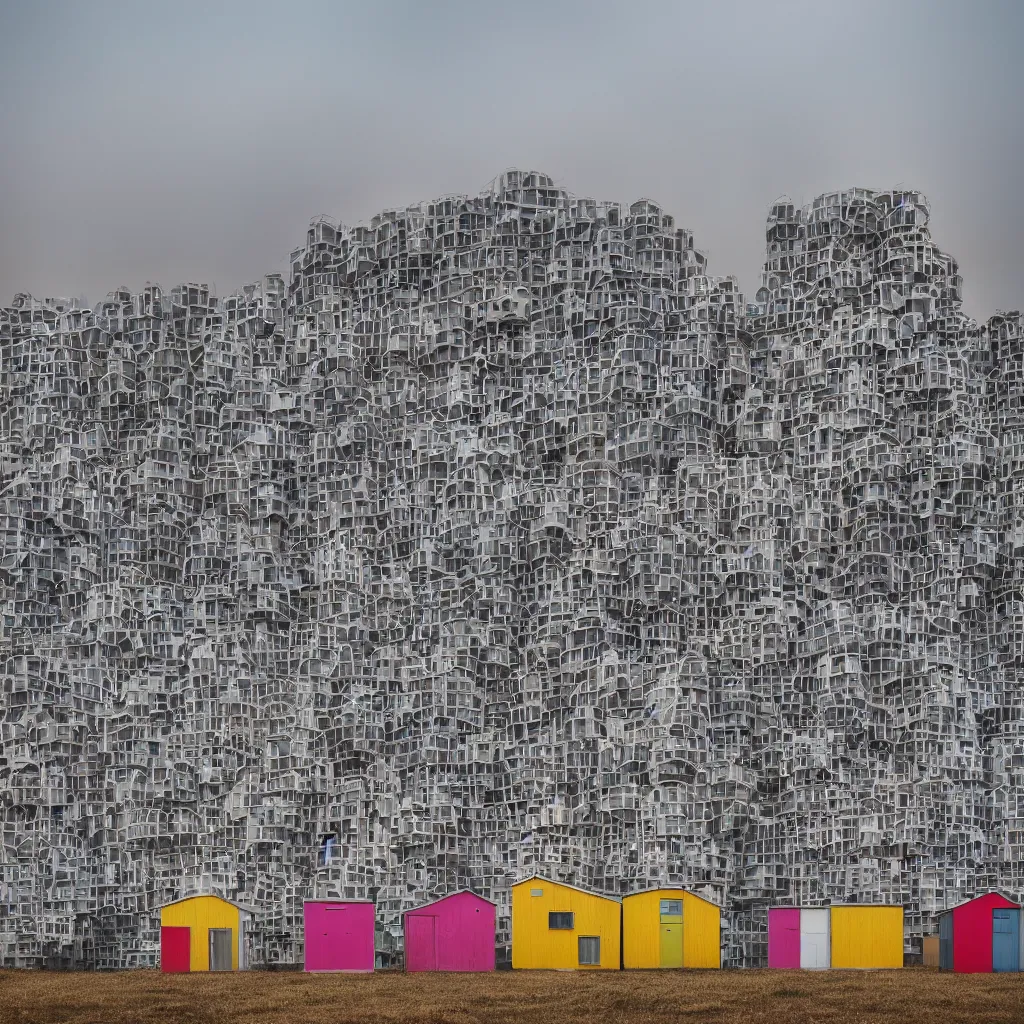 Image similar to two towers made up of colourful makeshift squatter shacks, pastel tones, plain uniform sky at the back, misty, mamiya rb 6 7, ultra sharp, very detailed, photographed by zaha hadid