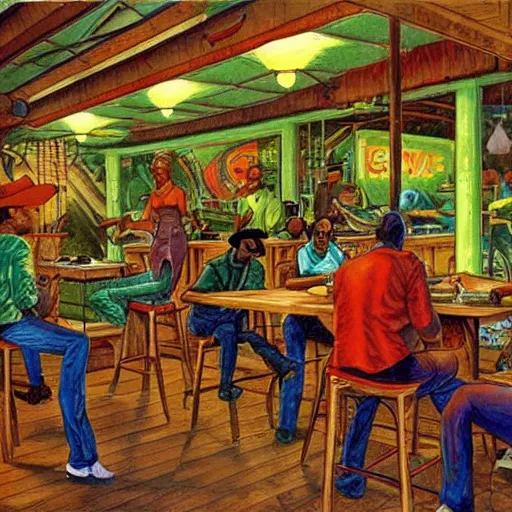 Image similar to louisiana bayou juke joint interior by ernie barnes