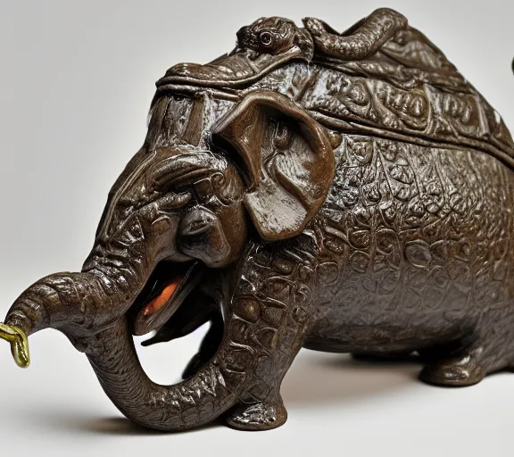 Prompt: roast elephant dish with crocodile in the mouth. highly detailed 8 k. intricate. nikon. award winning photography.