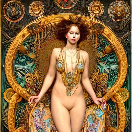 Prompt: realistic detailed dramatic symmetrical portrait of Jennifer Lawrence as Salome dancing, wearing an elaborate jeweled gown, by Alphonse Mucha and Gustav Klimt, cyberpunk, gilded details, intricate spirals, coiled realistic serpents, Neo-Gothic, gothic, Art Nouveau, ornate medieval religious icon, long dark flowing hair spreading around her