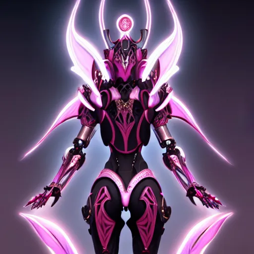 Image similar to highly detailed exquisite fanart, of a beautiful female warframe, but as an anthropomorphic robot dragon, standing elegantly, shining reflective off-white plated armor, bright Fuchsia skin, sharp claws, rear back shot, epic cinematic shot, realistic, professional digital art, high end digital art, DeviantArt, artstation, Furaffinity, 8k HD render, epic lighting, depth of field