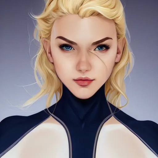 Image similar to a beautiful portrait of a beautiful cute superhero woman, blonde hair, matte navy - blue bodysuit, white cape, intricate, elegant, 8 k, highly detailed, digital painting, concept art, smooth, sharp focus, illustration, disney, anime, by artgerm and loish and wlop and alphonse mucha