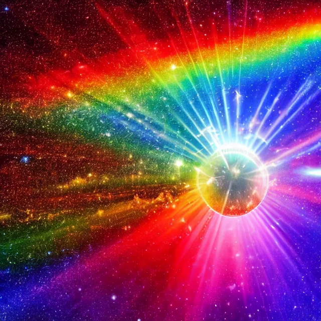 Image similar to rainbow beam of shiny light in space, vintage