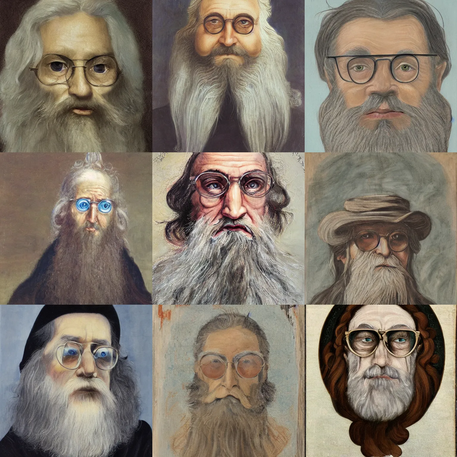 Prompt: face portrait of a very old wizard with long silver hair and beard and light blue eyes, half - moon glasses and a long crooked nose, highly detailed, painting