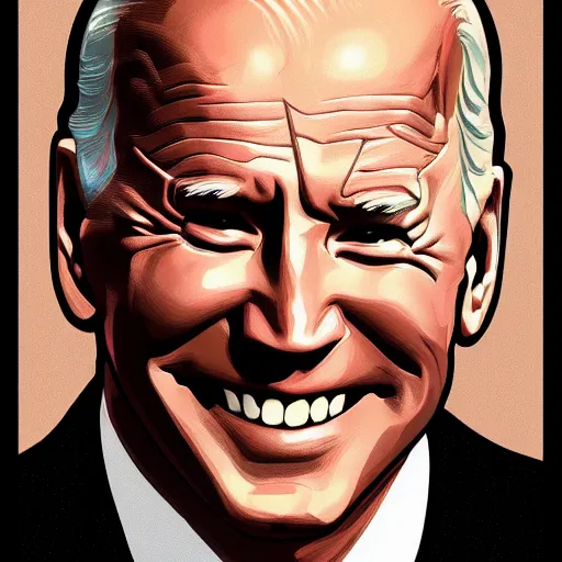 Prompt: smiling, happy, beautiful, intelligent, powerful, joe biden, loving eyes, fully clothed, wise, beautiful, dramatic lighting, sharp focus, art deco patterns by stanley artgerm, retro futurism, dramatic lighting, trending on artstation, flat colour, geometric curves, gradient filter