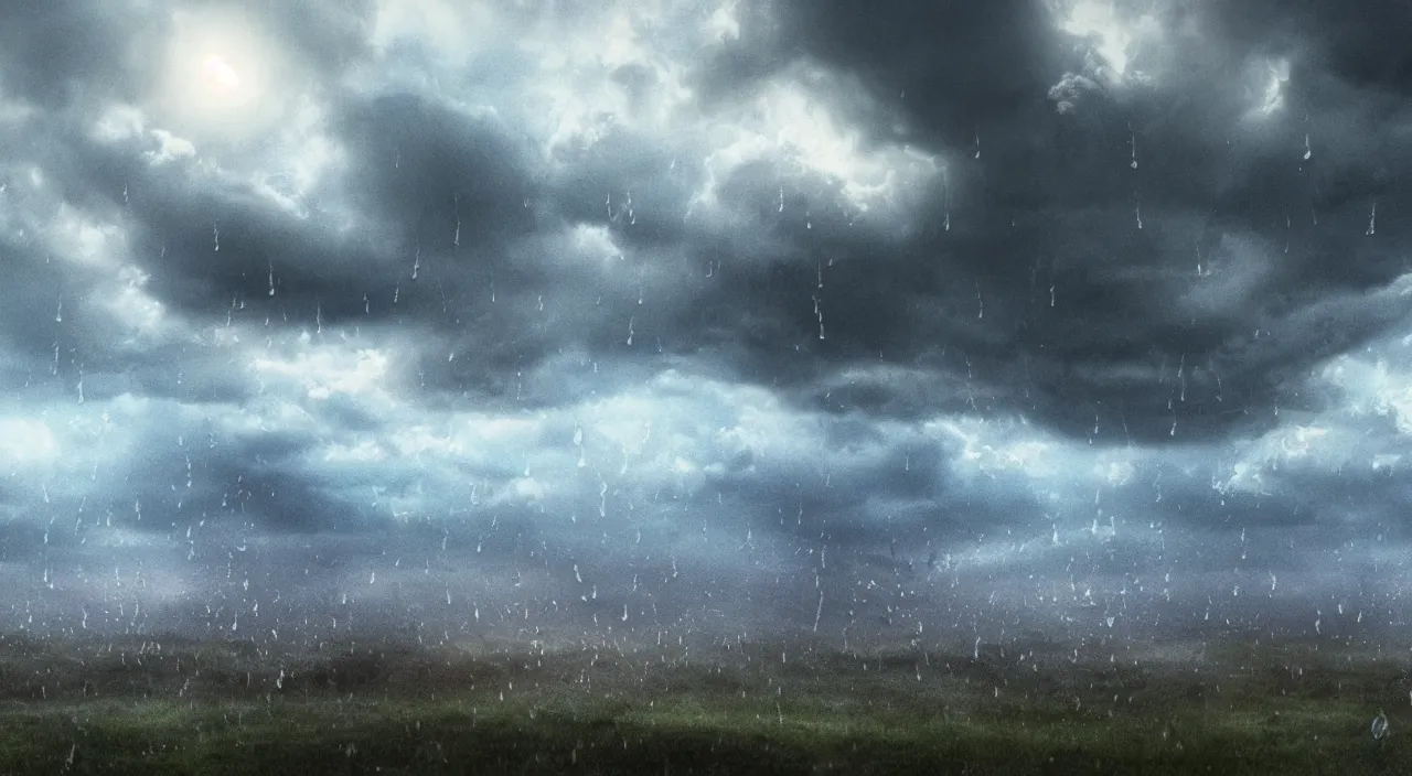 Prompt: Apocalyptic rain, massive raindrops, hyper detailed photorealistic, dramatic lighting, global warming, blue sky