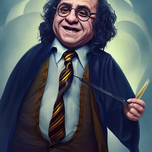 Image similar to full body portrait of danny devito as as Harry Potter, fantasy, highly detailed, digital painting, artstation, concept art, sharp focus, illustration, art by artgerm and Anna Dittmann and Ilya Kuvshinov