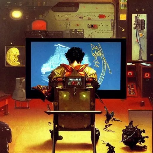 Image similar to king of saudi arabia playing video games. foggy black background. highly detailed science fiction painting by norman rockwell, frank frazetta, syd mead and moebius. rich colors, high contrast, gloomy atmosphere, dark background. trending on artstation