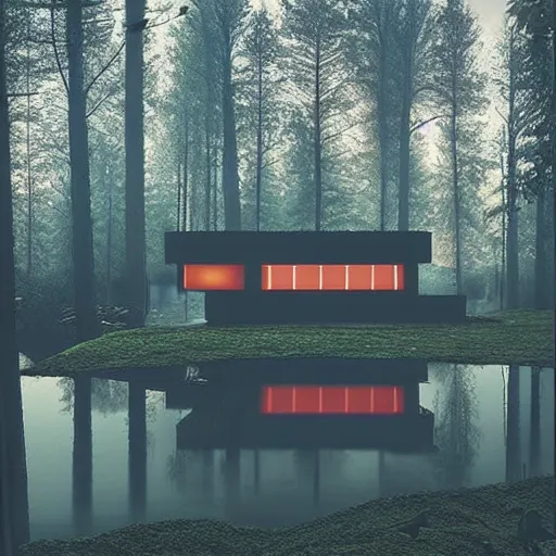 Image similar to “ swedish futuristic cabin next to the lake in the forest by simon stalenhag, misty morning ”