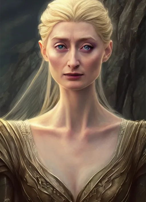 Image similar to beautiful radiant elizabeth debicki as galadriel, lord of the rings, lotr fanart, trending on artstation, character art, the hobbit, digital painting, perfectly detailed eyes, concept art, smooth, sharp focus, illustration, art by artgerm and greg rutkowski, directed by peter jackson,