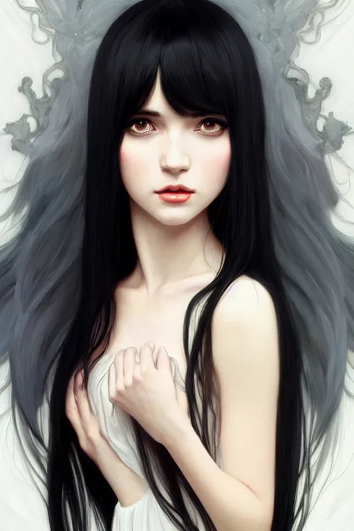 Prompt: a beautiful girl with long black hair and bangs, wearing a white dress, D&D, fantasy, portrait, sharp focus, intricate, elegant, digital painting, artstation, matte, highly detailed, concept art, illustration, ambient lighting, art by ilya kuvshinov, artgerm, Alphonse mucha, and Greg Rutkowski