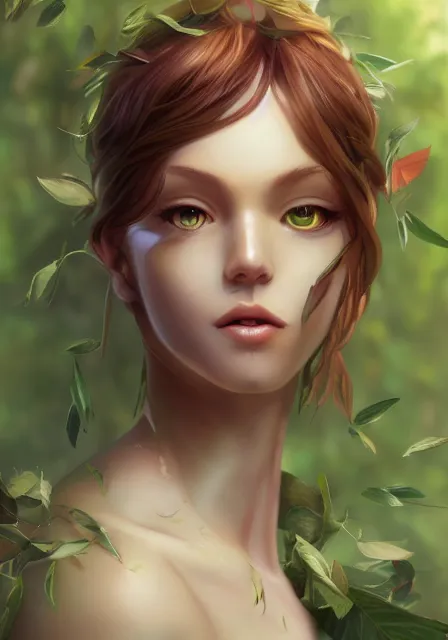 Prompt: A realistic anime portrait of a beautiful dryad with glowing green eyes, tree bark skin, and ginger hair wearing clothes made of leaves, digital painting, by Stanley Artgerm Lau, Sakimichan, WLOP and Rossdraws, digtial painting, trending on ArtStation, SFW version