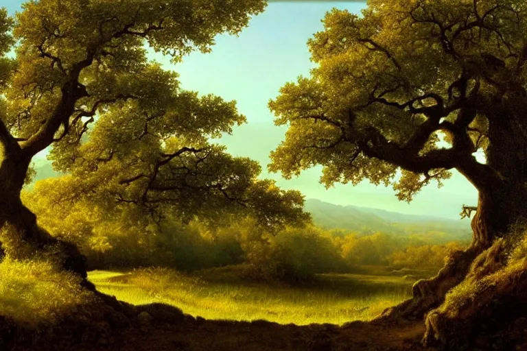 Prompt: masterpiece painting of oak trees on a hillside overlooking a creek, dramatic lighting, by hildebrandt