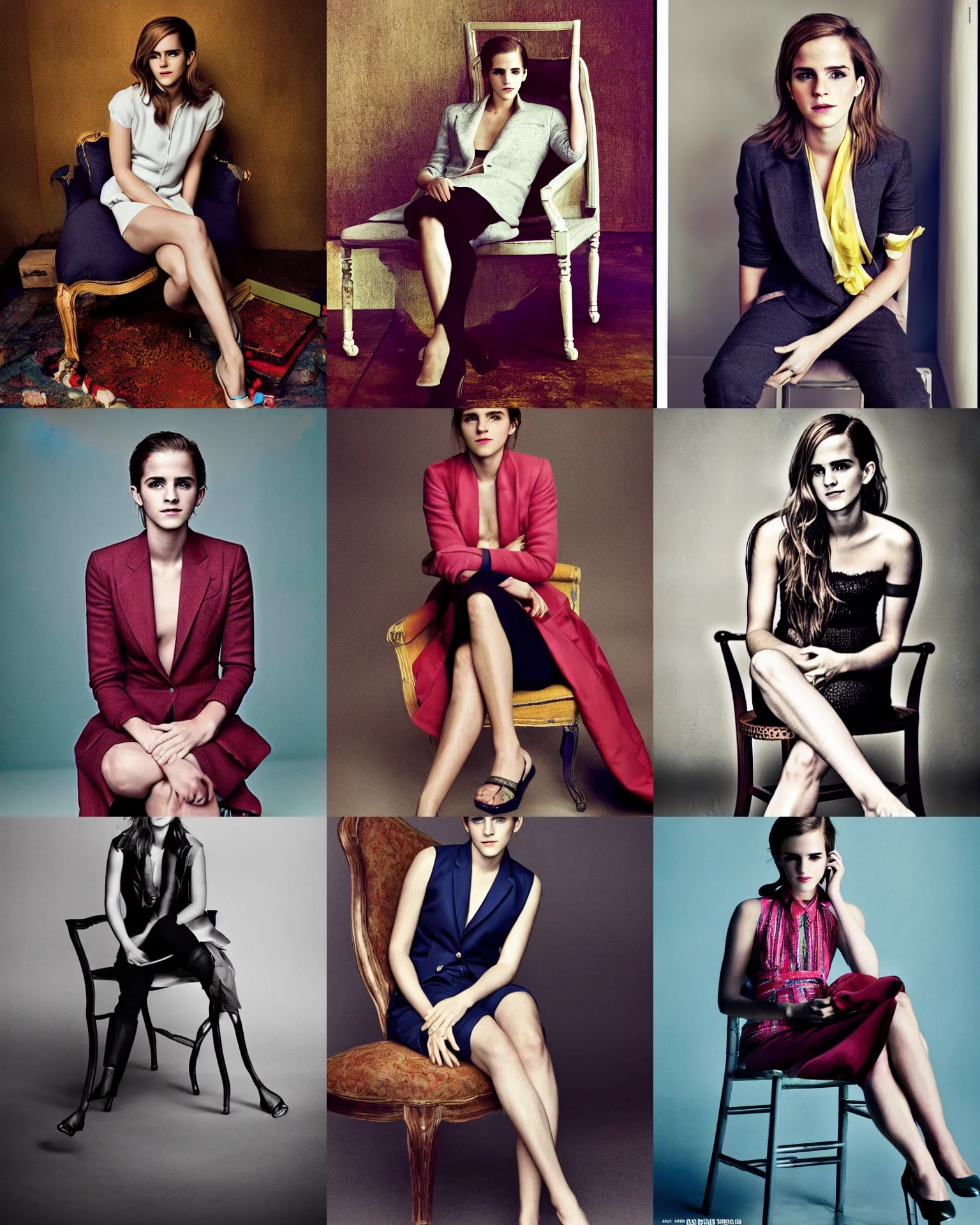 Prompt: photo taken by Annie Leibovitz for GQ, Emma Watson sitting in chair, full length shot, soft studio lighting, colorful, award-winning photograph, 24mm f/1.4