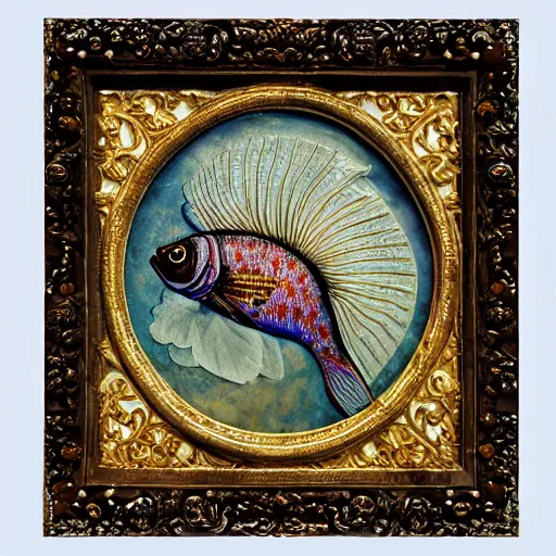 Prompt: hyperrealistic side portrait of a beautiful fish, intricate ornamental gothic rococo designs, heavily decorated,