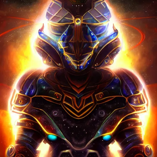 Image similar to photorealistic fantasy cosmic concept art of a cosmic god with armor made out of planets and dark matter, hovering in a unknown galaxy, fully body portrait, cinematic, dynamic lighting, ultra detailed, creative, trending on art station, creative