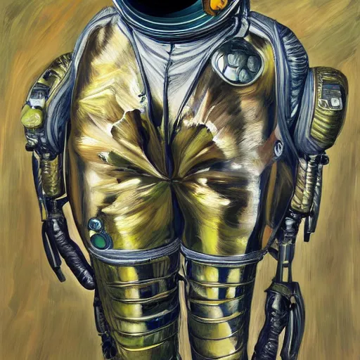 Image similar to high quality high detail painting by lucian freud, hd, woman in sci fi space suit