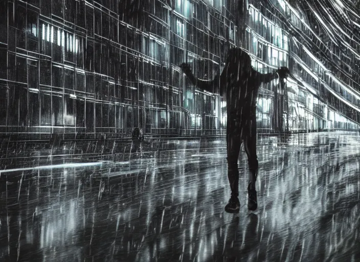 Prompt: a person with long, flowing hair skateboards through an empty brutalist city in the rain, colored gel lighting, reflective surfaces, midnight, portra, film grain, high contrast, chromatic aberration, reminiscent of blade runner, dynamic pose