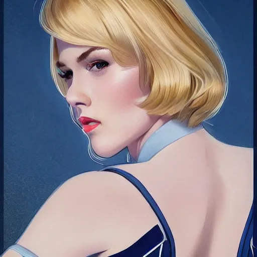 Image similar to a beautiful pin - up portrait of a beautiful cute superhero woman, blonde hair, bob haircut, matte navy - blue bodysuit, white cape, intricate, elegant, 8 k, highly detailed, digital painting, concept art, smooth, sharp focus, illustration, disney, artgerm and loish and wlop and alphonse mucha