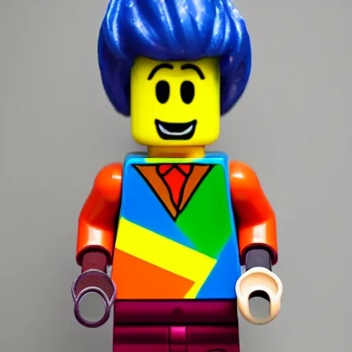 Prompt: a rainbow colored Lego man who is having a laugh