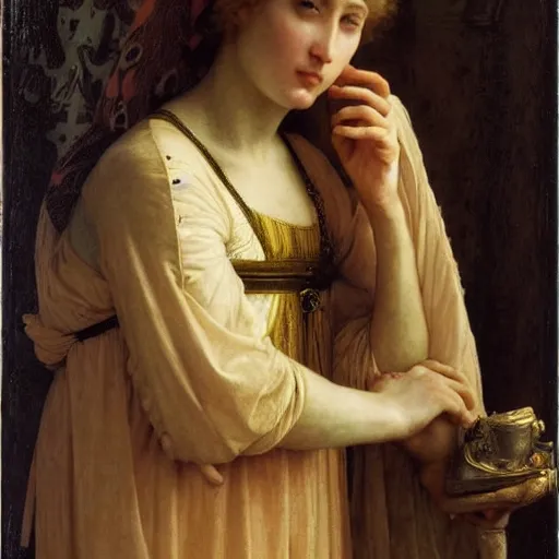 Prompt: a renaissance oil painting portrait by alma tadema of a holy divine prophet beautiful saint blonde woman, dark lit candles, colourful pastel, detailed academic bouguereau, sharp focus, high contrast studio lighting