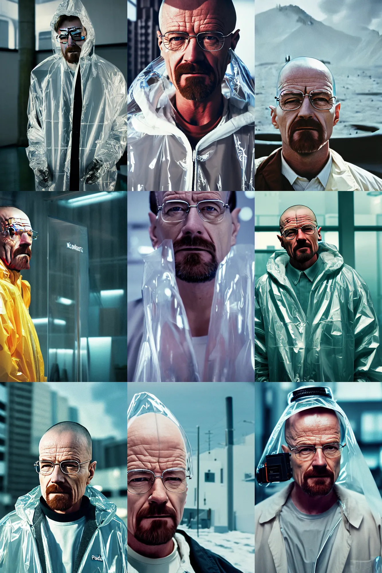 Prompt: Kodak Portra 400, 8K, highly detailed, breaking bad style 3/4 extreme closeup portrait, clear eyes, focus on clear transparent raincoat walter white model, tilt shift zaha hadid style laboratory background: famous blade runner remake, new mexico cooking scene