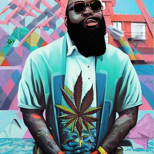 Prompt: matte painting rick ross, weed, graffiti, hard edges, geometric 3 d shapes, deep blue, og, street art, asymmetrical, marijuana, smoke, highly detailed masterpiece by sachin teng x supreme