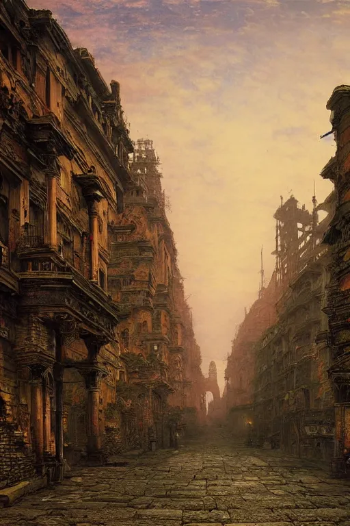 Prompt: beautiful matte painting street art fantasy ruins skyline background painted, intricate, volumetric lighting, beautiful, rich deep colors masterpiece, sharp focus, ultra detailed by john atkinson grimshaw