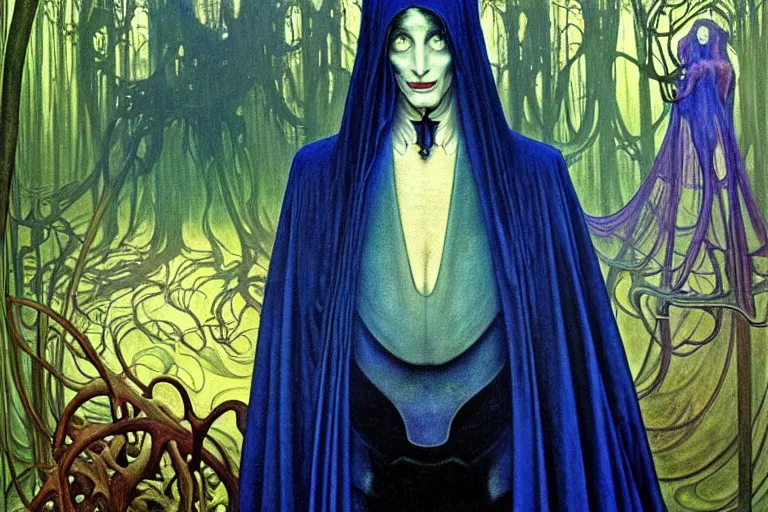 Image similar to realistic extremely detailed portrait painting of an elegantly creepy vampire man in a cape, futuristic sci-fi forest on background by Jean Delville, Amano, Yves Tanguy, Alphonse Mucha, Ernst Haeckel, Edward Robert Hughes, Roger Dean, rich moody colours, blue eyes