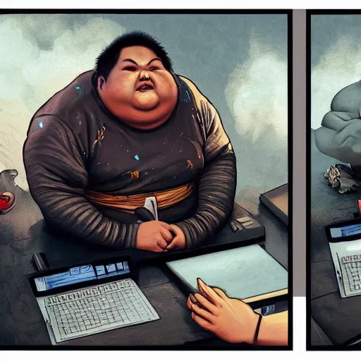 Prompt: an insanely detailed painting of a chubby asian man wearing a homemade superhero costumed, sitting at a computer desk typing on the keyboard, in the style of peter mohrbacher, dramatic lighting and composition, trending on artstation, concept art, comic book, graphic novel