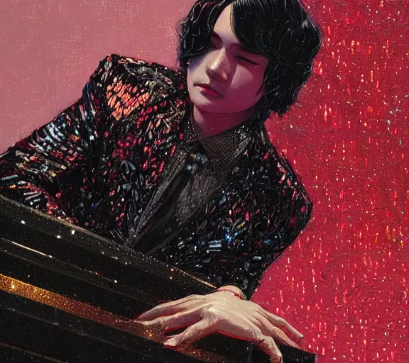 Prompt: harmony neon red sequin jacket, ( black haired yoongi laying on top of piano pattern ) by wlop, james jean, victo ngai, muted colors, highly detailed, fantasy art by craig mullins, thomas kinkade