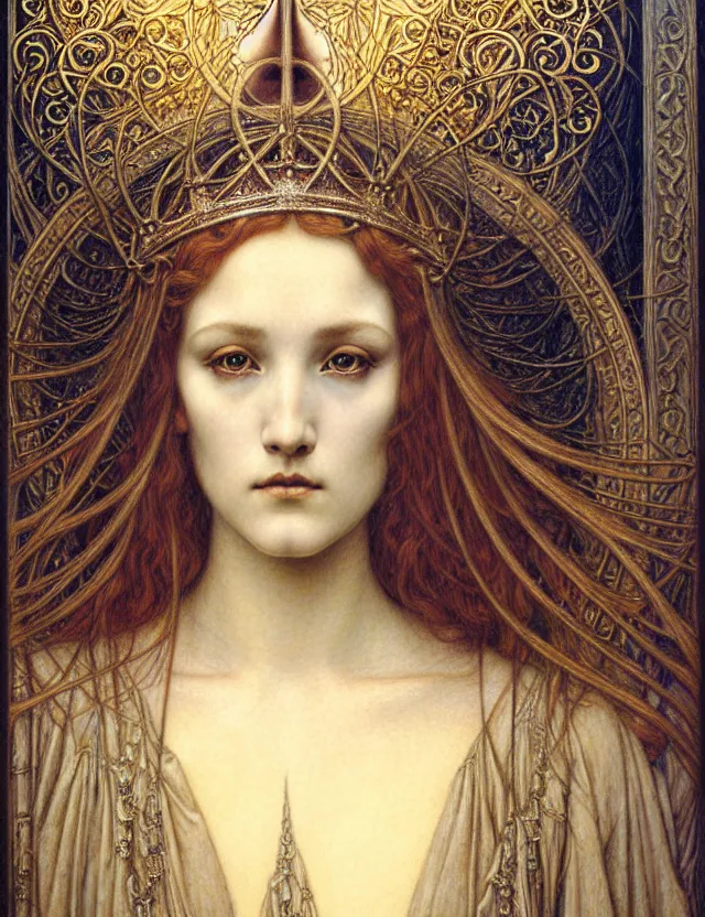 Image similar to detailed realistic beautiful young medieval queen face portrait by jean delville, gustave dore and marco mazzoni, art nouveau, symbolist, visionary, gothic, pre - raphaelite. horizontal symmetry