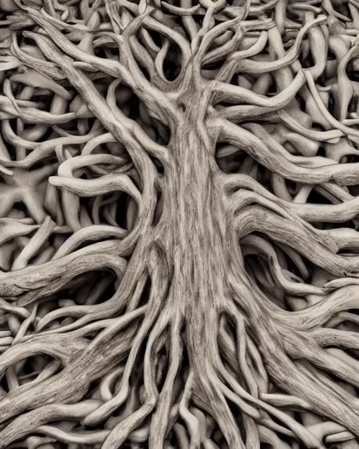 Image similar to a twisted tree trunk made of cluttered human bodies