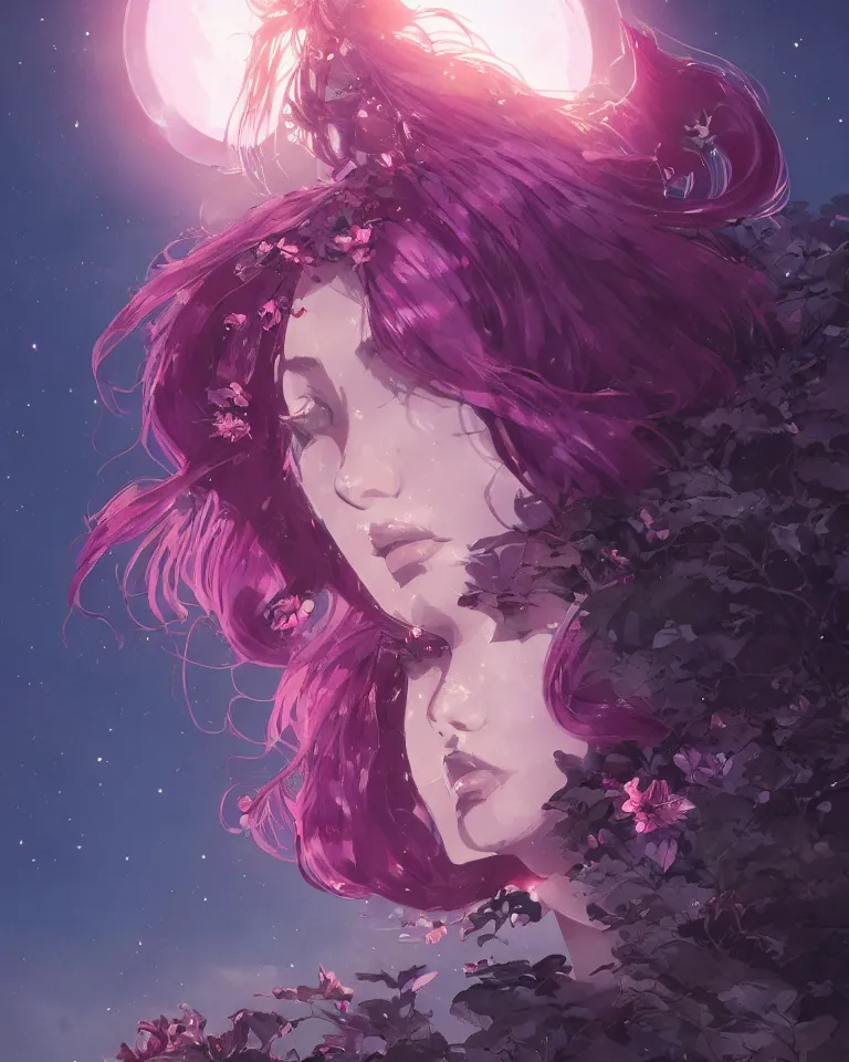 Image similar to a highly detailed image of A beautiful woman basking in the moonlight, with medium length magenta hair covering an eye, tall tree, large obsidian chunks, cinematic lighting, dramatic atmosphere, by Dustin Nguyen, Akihiko Yoshida, Greg Tocchini, Greg Rutkowski, Cliff Chiang, 4k resolution, trending on artstation